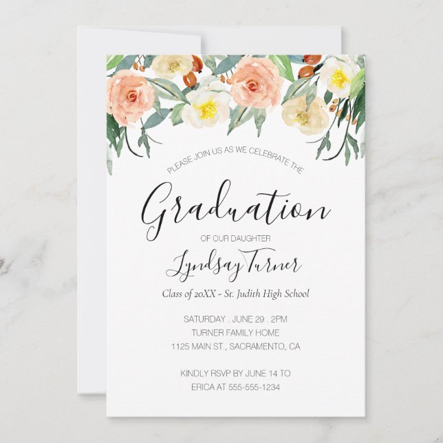 Pastel Watercolor Flowers Graduation Party Invitation (Front)