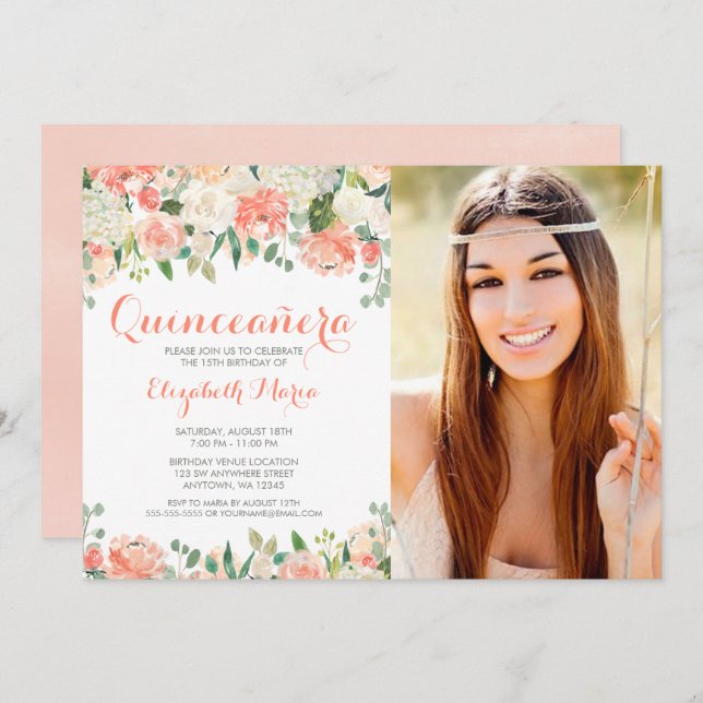 Pastel Watercolor Flowers Quinceañera Photo Invitation (Front/Back)