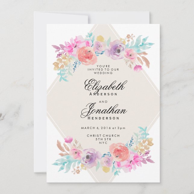 Pastel Watercolor Flowers Wedding Invitation (Front)