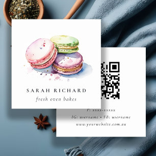 Pastel Watercolor French Macarons Bakery QR Code Square Business Card