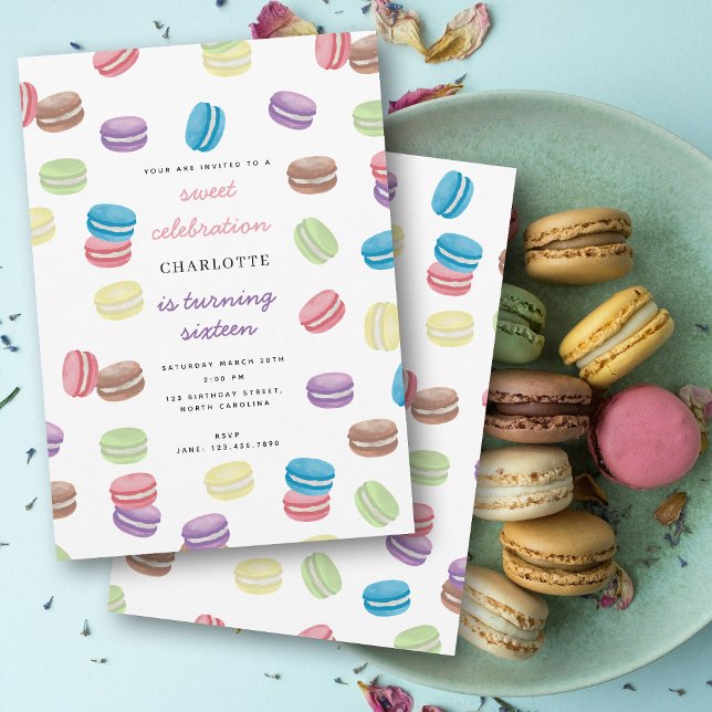 Pastel Watercolor French Macarons Birthday Party Invitation (Pastel Watercolor French Macarons Birthday Party Invitation)