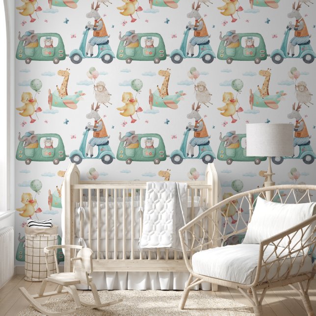 Pastel Watercolor Giraffe Airplane Nursery Wallpaper (Kids)