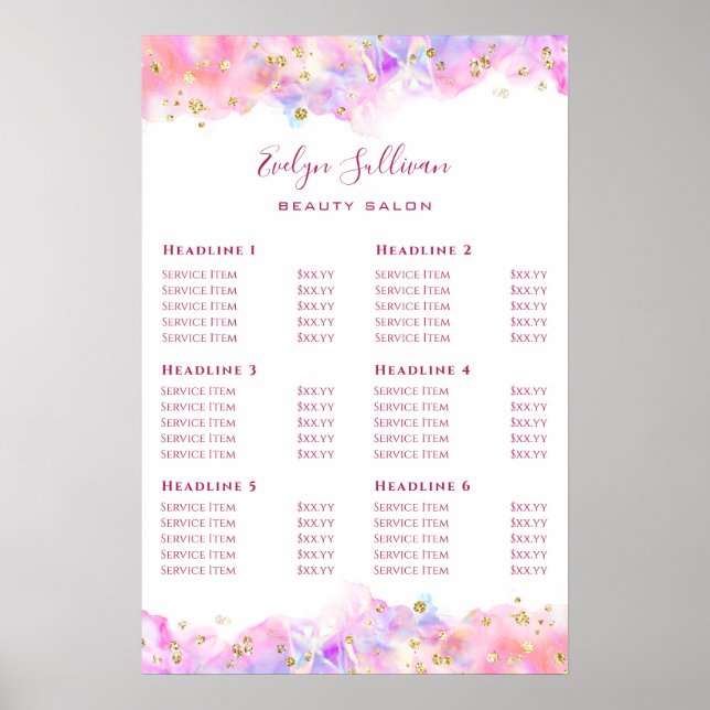 Pastel Watercolor Glitter Price List Poster (Front)