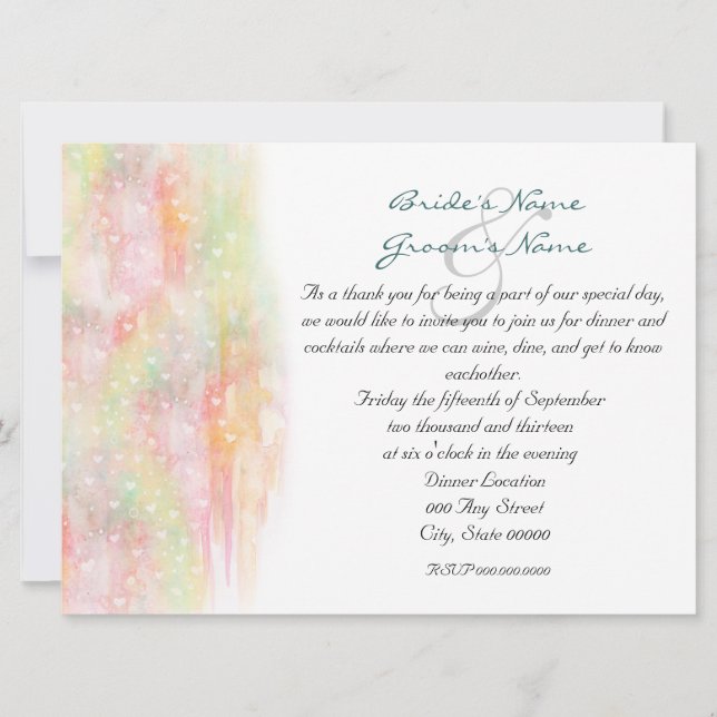 Pastel Watercolor Hearts Rehearsal Dinner Invites (Front)