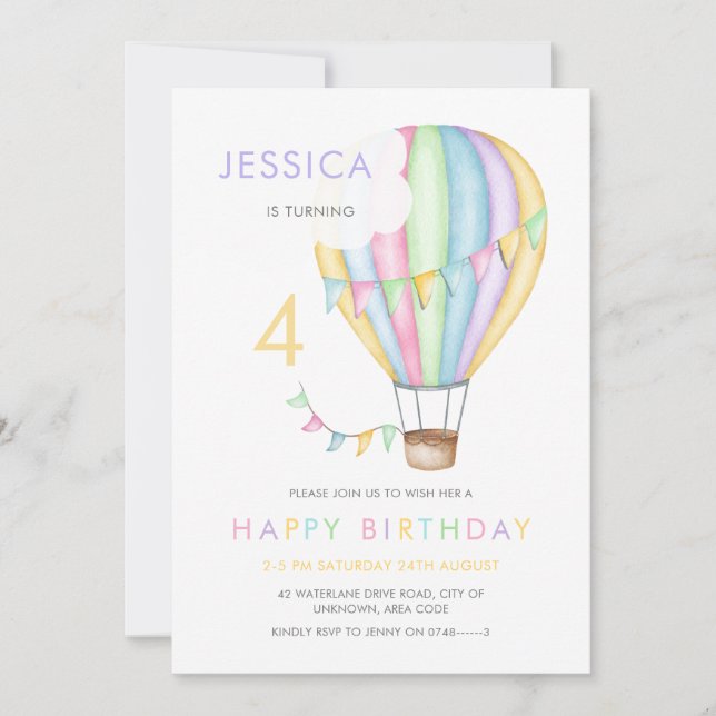 Pastel watercolor hot air balloon Kid's Birthday Invitation (Front)