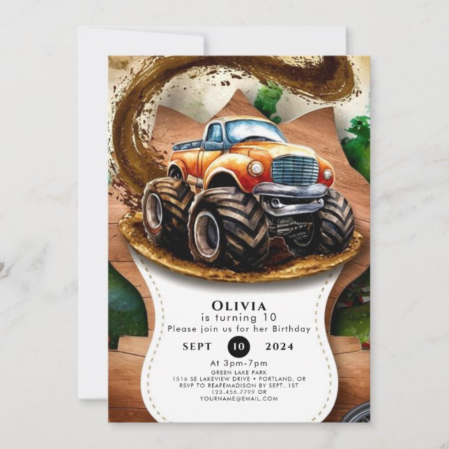 Pastel Watercolor Kids' Monster Truck Birthday Invitation (Front)
