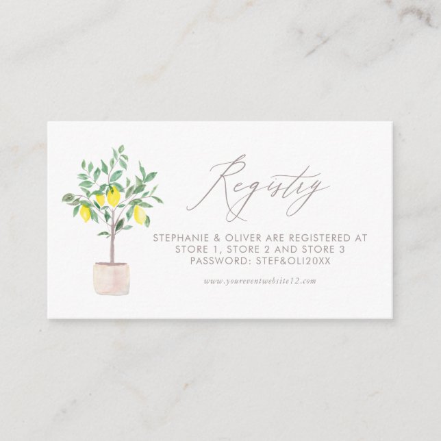 Pastel Watercolor Lemon Tree Wedding Registry Enclosure Card (Front)