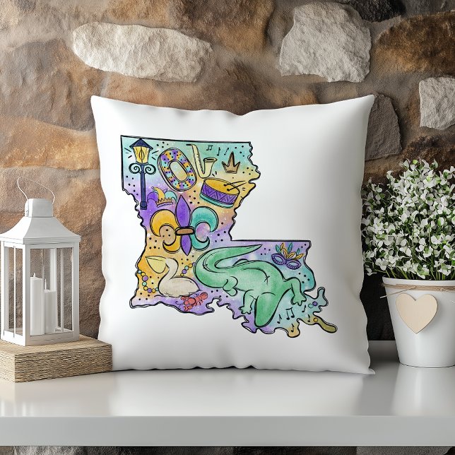 Pastel Watercolor Mardi Gras Louisiana State Cushion (Creator Uploaded)