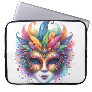 PASTEL WATERCOLOR MARDI GRAS MASK & FEATHERS LAPTOP SLEEVE