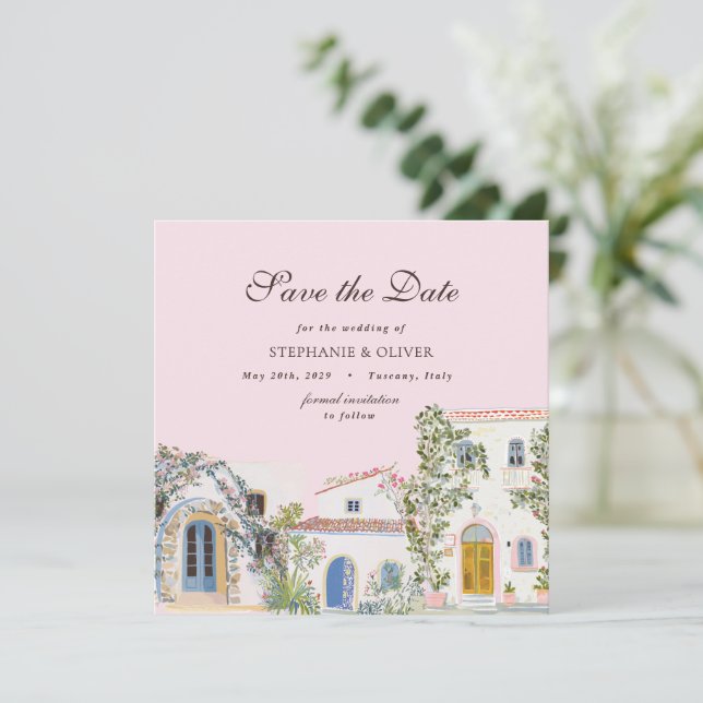 Pastel Watercolor Mediterranean Save The Date (Standing Front)