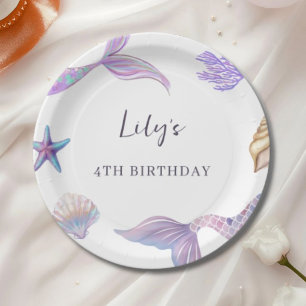 Pastel Watercolor Mermaid Birthday Party Paper Pla Plate