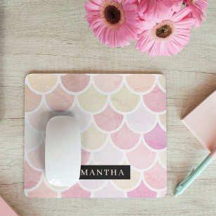 Pastel Watercolor Mermaid Scales Pattern With Name Mouse Pad