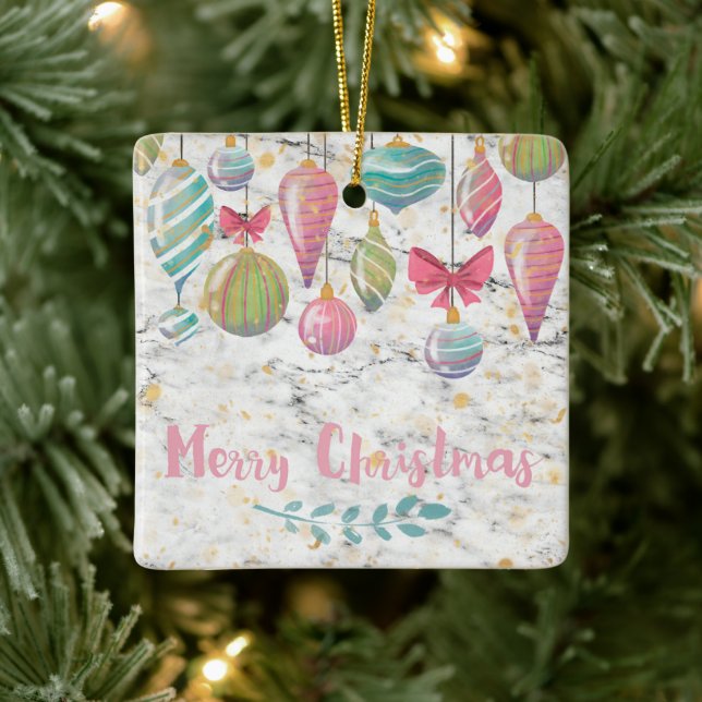 Pastel Watercolor Merry Christmas On Marble Ceramic Ornament (Tree)