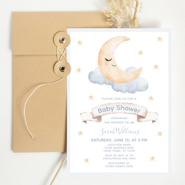 Pastel Watercolor Moon & Stars Script Baby Shower Invitation (Baby Shower Invitation!)