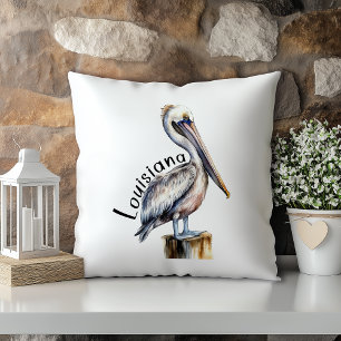 Pastel Watercolor Pelican Louisiana State Cushion