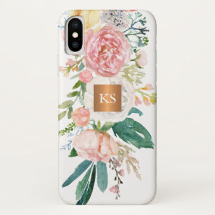 Pastel watercolor peonies metallic copper monogram Case-Mate iPhone case