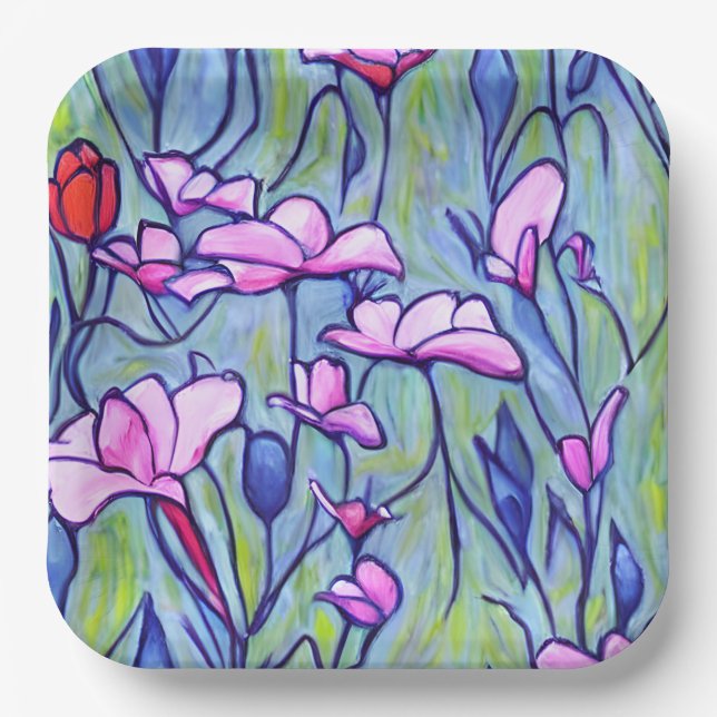 Pastel Watercolor Pink Flowers Paper Plate (Front)
