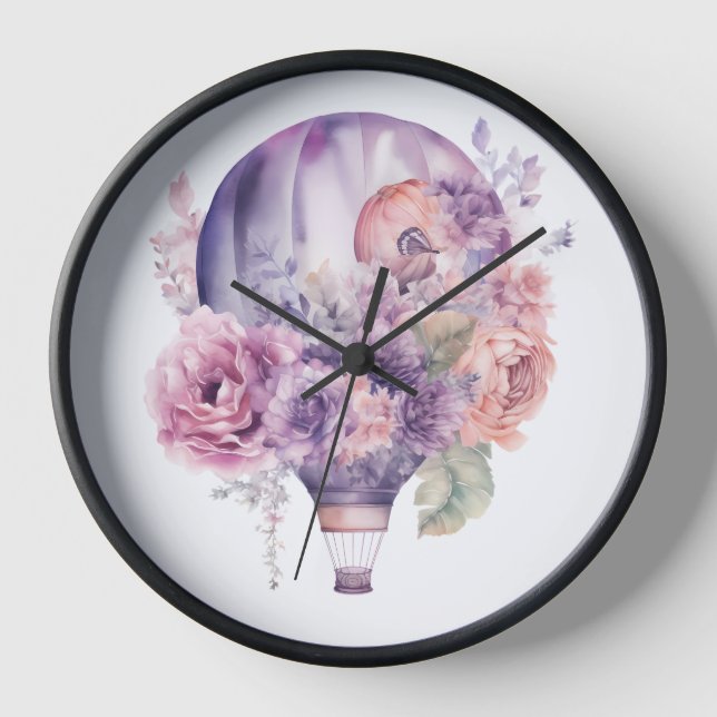 PASTEL WATERCOLOR PINK PURPLE HOT AIR BALLOON CLOCK (Front)