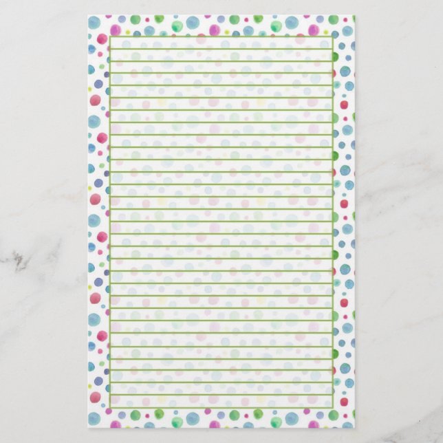 Pastel Watercolor Polka Dots Blue Green Lined Stationery (Front)
