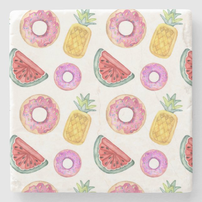 Pastel Watercolor Pool Float Pattern Stone Coaster (Front)