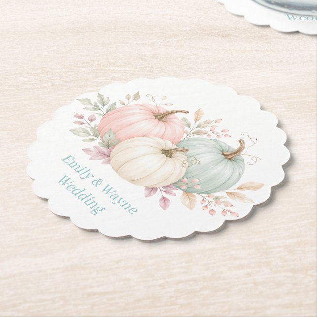 Pastel Watercolor Pumpkins Wedding Paper Coaster (Angled)
