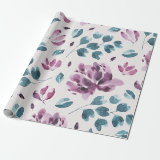 Pastel Watercolor Purple Peony and Teal Botanical Wrapping Paper