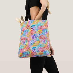 PASTEL WATERCOLOR RAINBOW ABSTRACT HEARTS TOTE BAG