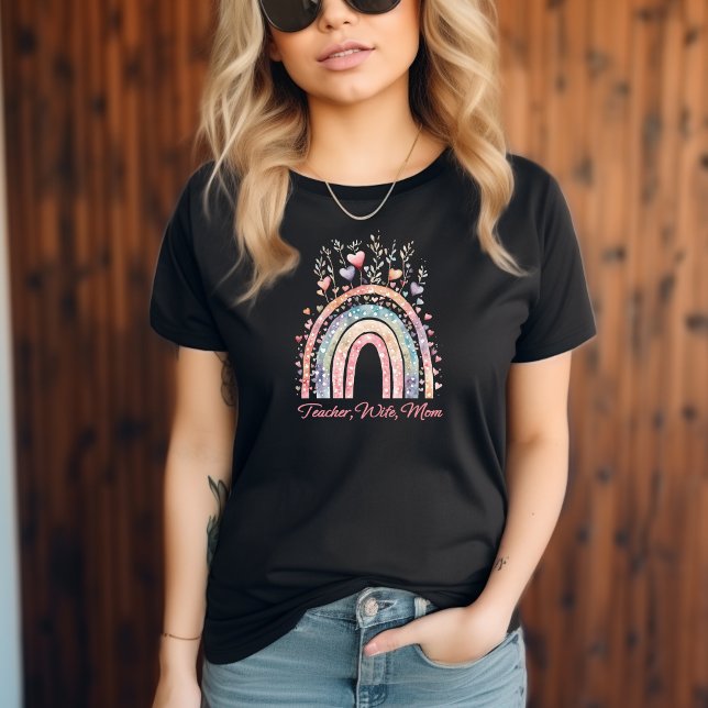 Pastel Watercolor Rainbow Teacher Wife Mum Gift T-Shirt (teacher wife mom shirt )