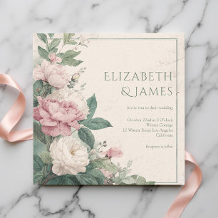 Pastel Watercolor Rose Peonies Floral Wedding Invitation