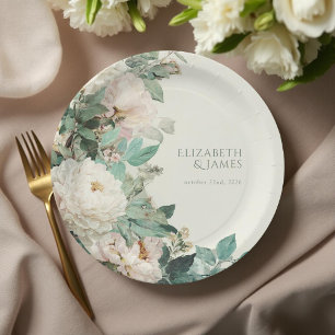 Pastel Watercolor Rose Peonies Floral Wedding Paper Plate
