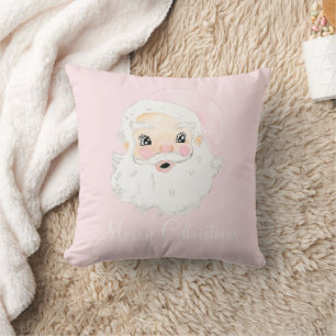 Pastel Watercolor Santa Pink Hat Preppy Cushion