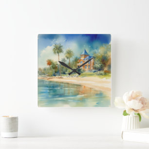 PASTEL WATERCOLOR SEASIDE HOUSE ON THE BEACH SQUARE WALL CLOCK