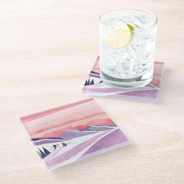 Pastel Watercolor Ski Mountain Sunset Glass Coaster (Angled)