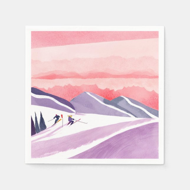 Pastel Watercolor Ski Mountain Sunset Napkin (Front)