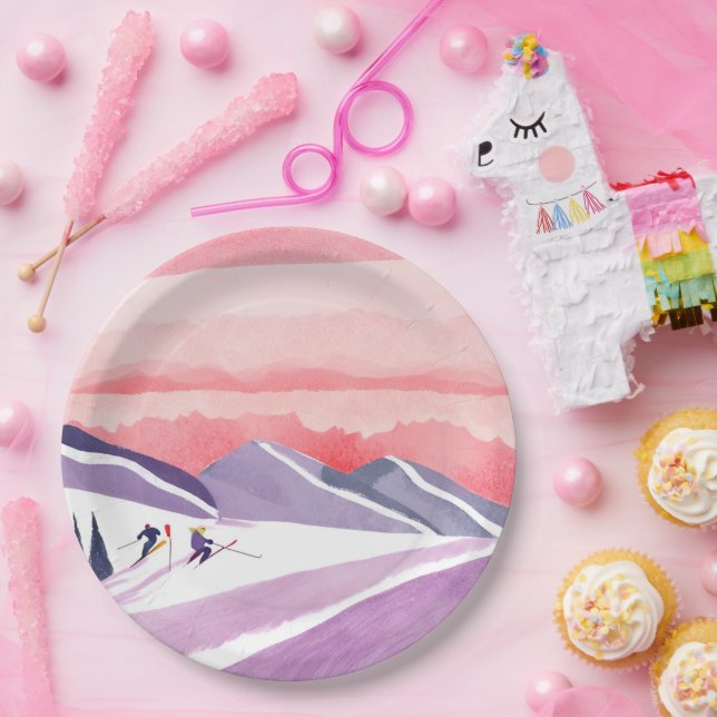 Pastel Watercolor Ski Mountain Sunset Paper Plate (Party)