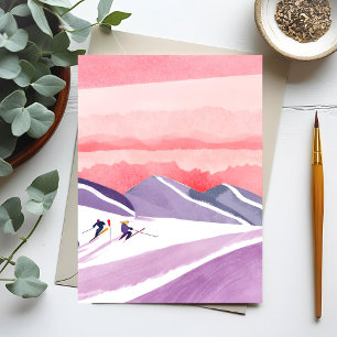 Pastel Watercolor Ski Mountain Sunset Postcard