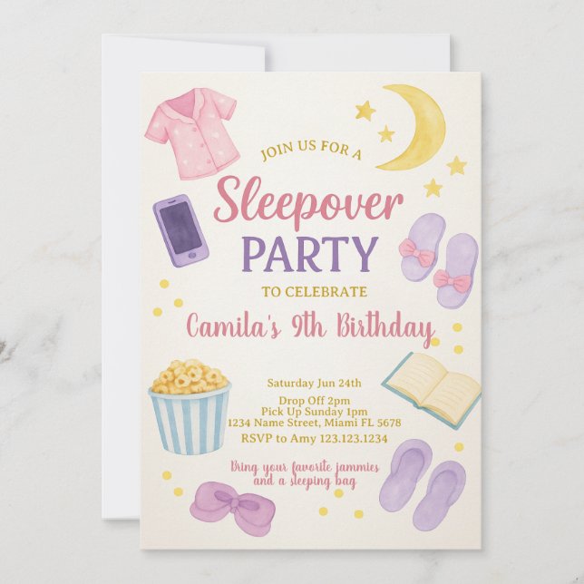 Pastel Watercolor Sleepover Birthday Invitation (Front)