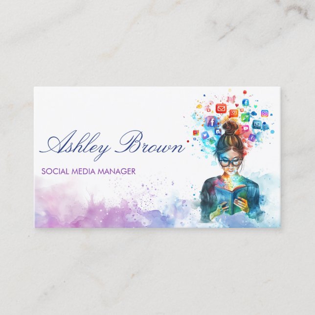 Pastel Watercolor Social Media Manager Blogger Business Card (Front)