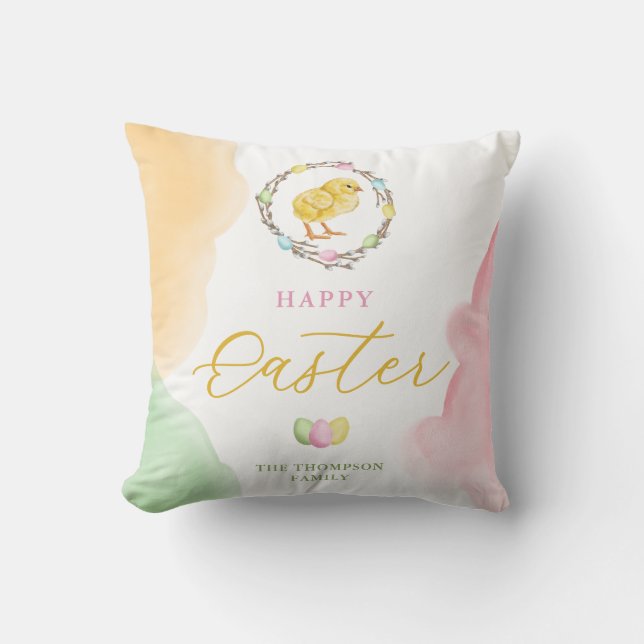 Pastel Watercolor Splashes And Chick Happy Easter Cushion (Front)
