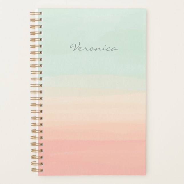 Pastel Watercolor Stripes Seafoam and Peach Name Planner (Front)
