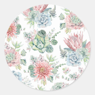 Pastel Watercolor Succulent and Cactus Pattern Classic Round Sticker