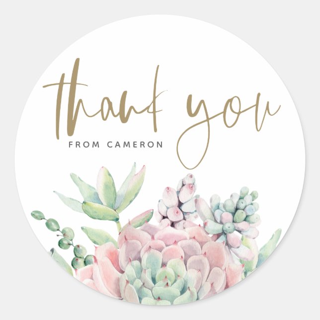Pastel Watercolor Succulents Birthday Thank You Classic Round Sticker (Front)