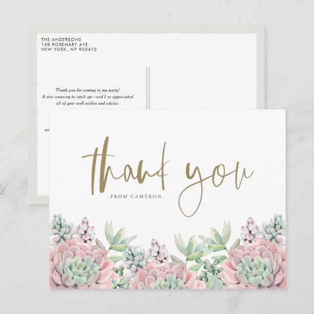 Pastel Watercolor Succulents Birthday Thank You Postcard (Front/Back)