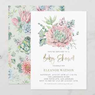 Pastel Watercolor Succulents Girl Baby Shower Invitation