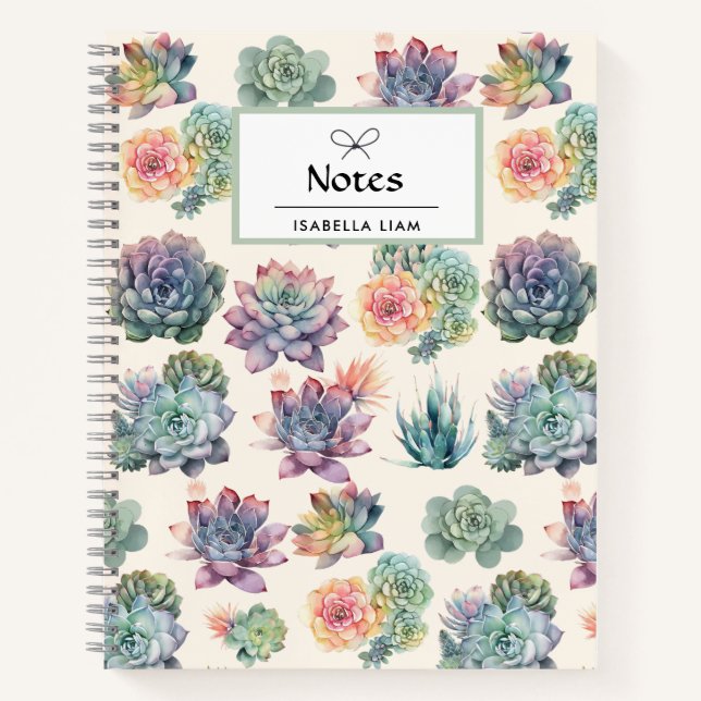 Pastel Watercolor Succulents Pattern Boho custom Notebook (Front)