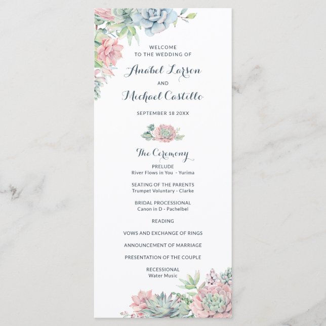 Pastel Watercolor Succulents Wedding Program Programme (Front)