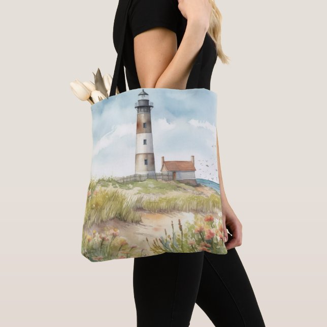 PASTEL WATERCOLOR SUMMER LIGHTHOUSE ON THE BEACH TOTE BAG (Close Up)