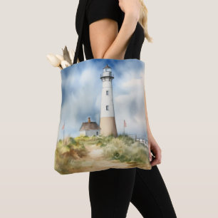 PASTEL WATERCOLOR SUMMER LIGHTHOUSE ON THE BEACH TOTE BAG