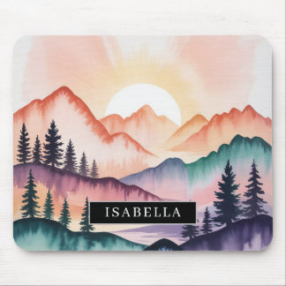 Pastel Watercolor Sunset Mountains Mouse Pad