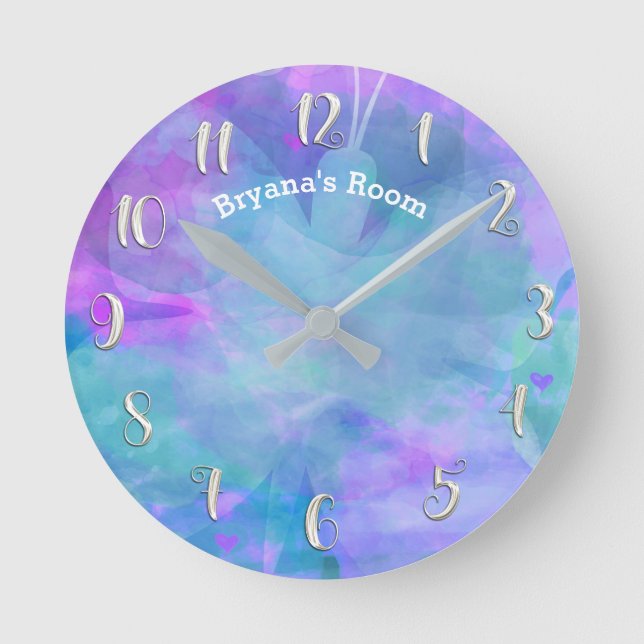 Pastel Watercolor Teal Butterfly Personalised Name Round Clock (Front)